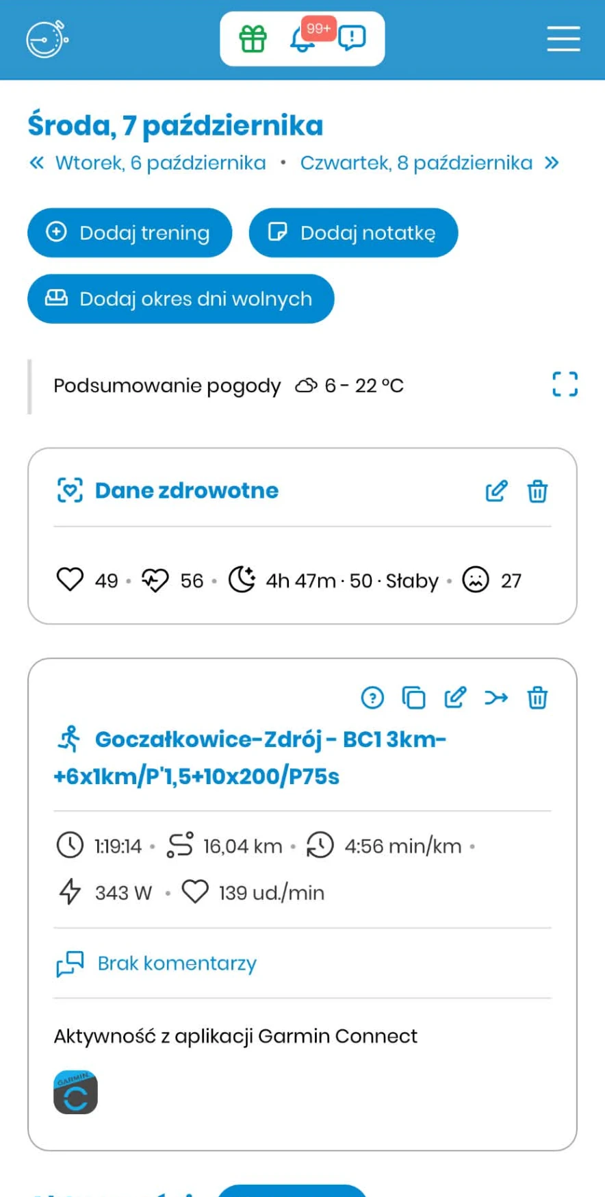Zrzut ekranu z aplikacji Ardent Coach: trening Goczałkowice-Zdrój z czasem 1:19:14, dystansem 16,04 km, tempem 4:56 min/km, mocą 343 W i tętnem 139 ud./min